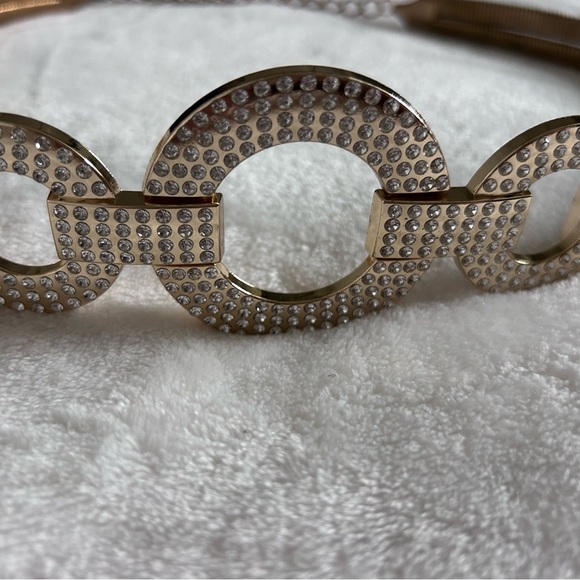 Gold Tone Rhinestone Embellished Circle Stretch Glam Statement Belt Women’s - Picture 10 of 11